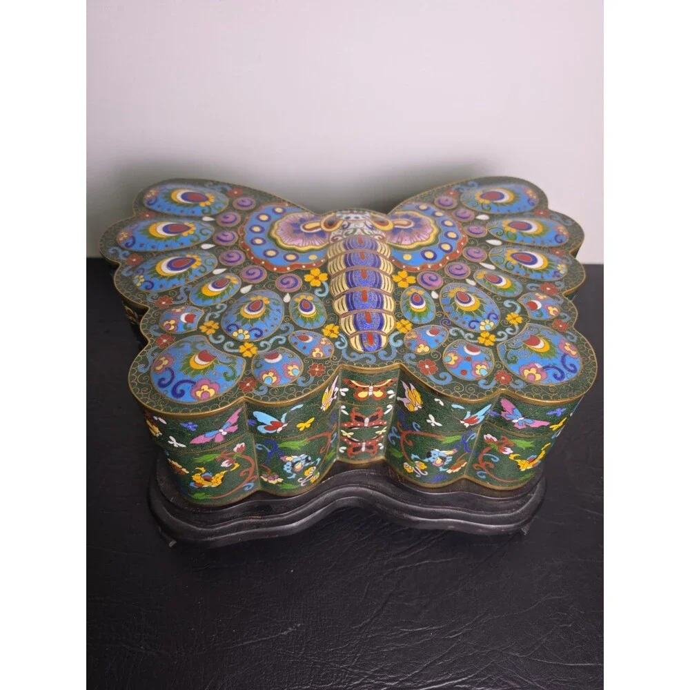 Large Vintage Chinese Cloisonne Butterfly Presentation Box Enamel over Brass 15
